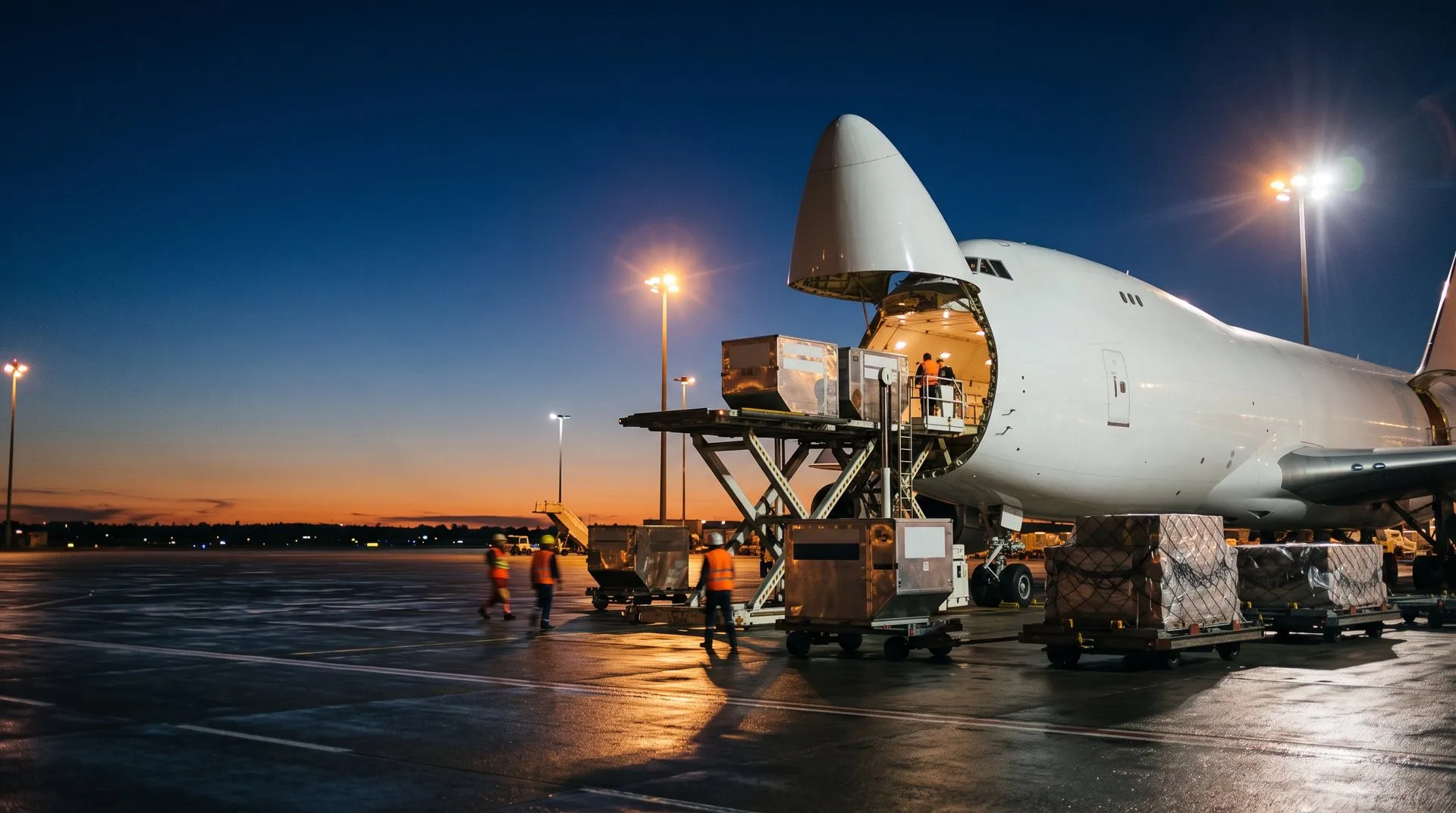 Avión carguero con la compuerta de nariz abierta mientras cargan contenedores aéreos al atardecer